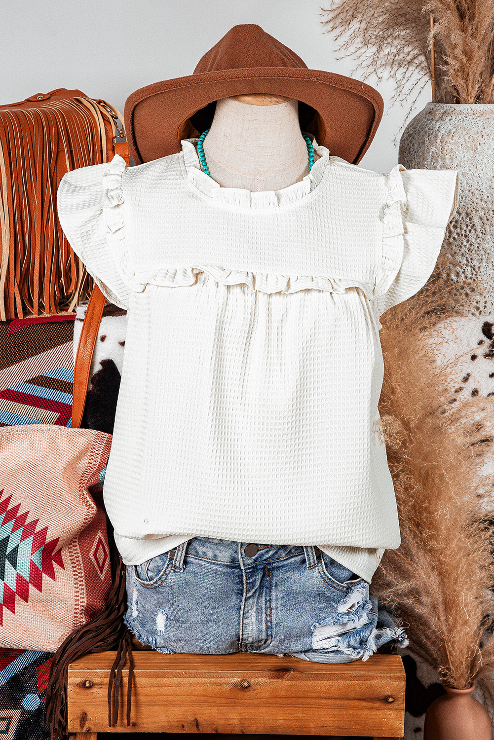 Fashion-W Ruffle Trim Waffle Knit Blouse
