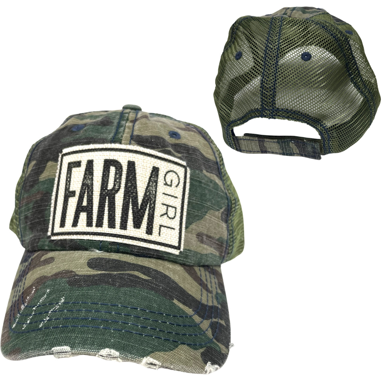 Farm Girl Ball Cap | Unisex Hat | Distressed Camouflage