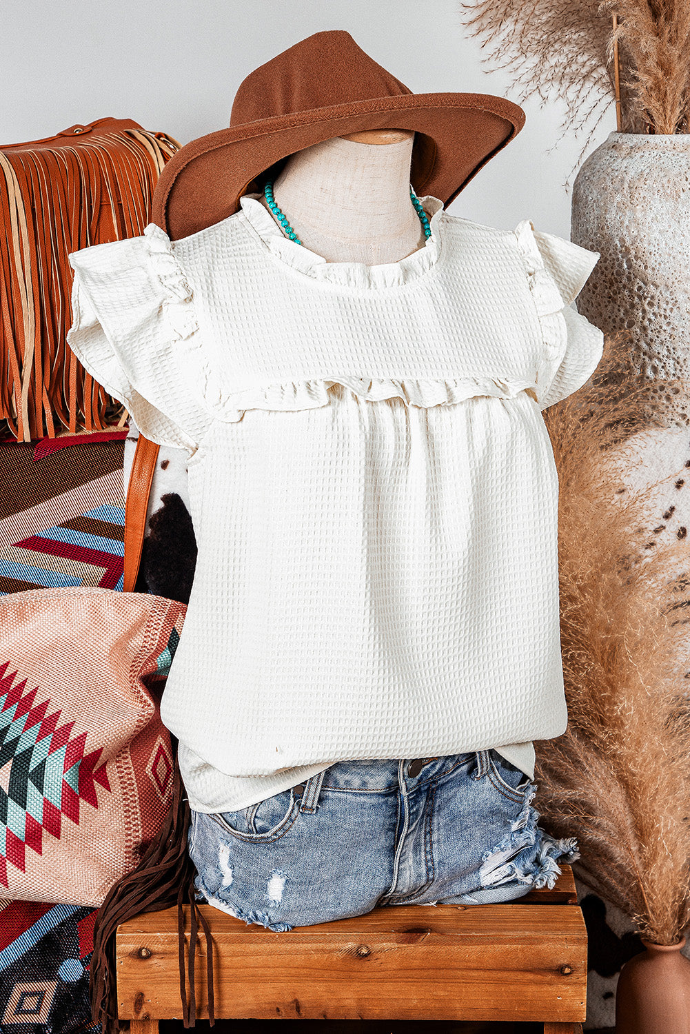 Fashion-W Ruffle Trim Waffle Knit Blouse