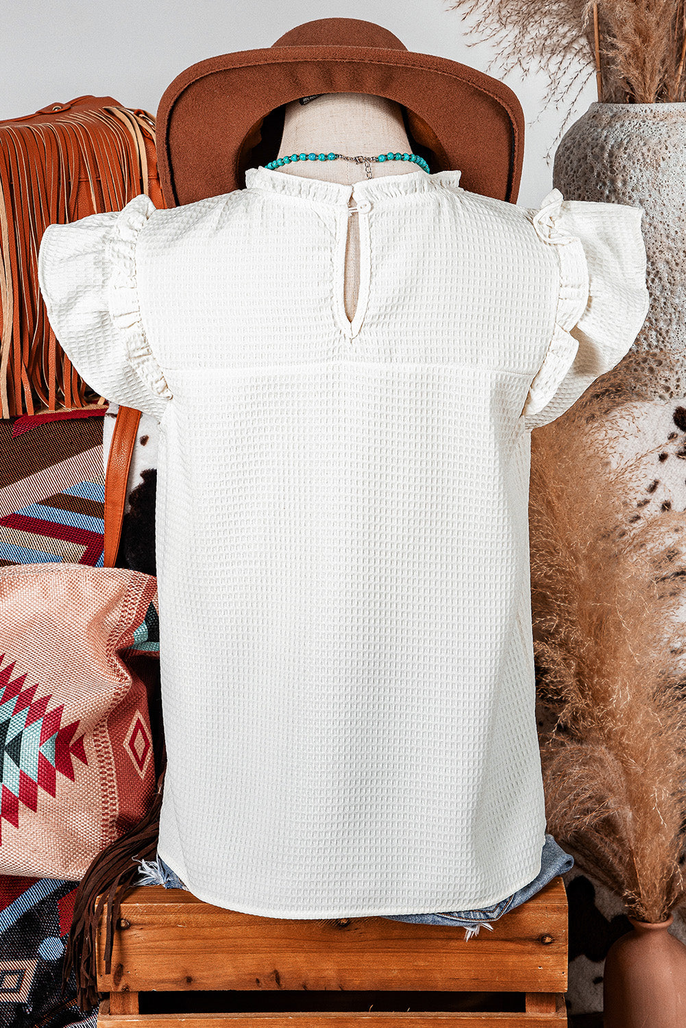 Fashion-W Ruffle Trim Waffle Knit Blouse